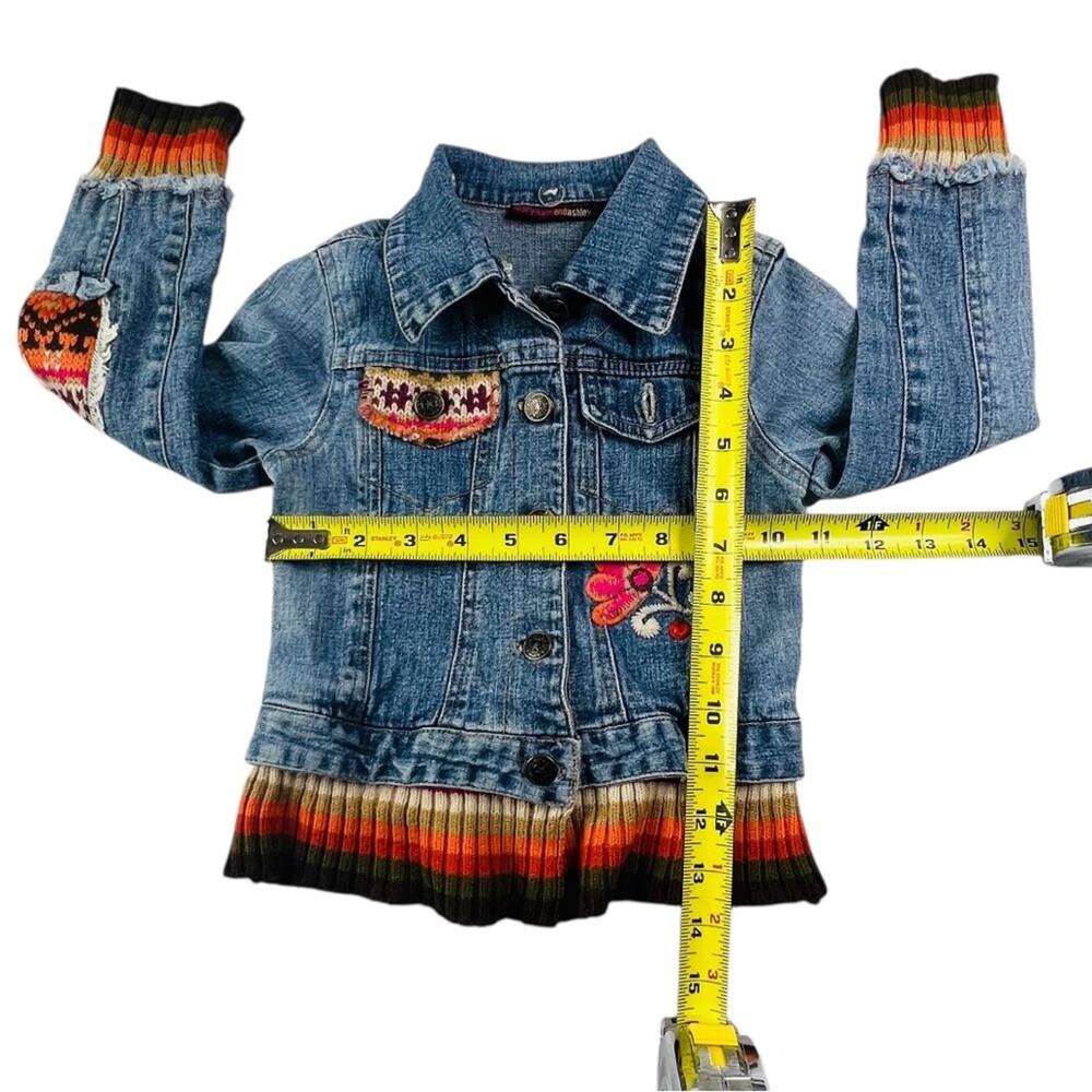 Mary Kate Ashley Girls 5 Denim Jean Jacket Y2K Boho Embroidered Flower Knit Trim - Picture 5 of 11